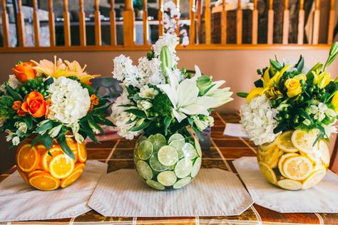 Summer Party Centerpieces, Citrus Party, Lemon Centerpieces, Fruit Centerpieces, Orange Baby Shower, Bridal Shower Inspiration, Home Floral Arrangements, Orange Baby, Flower Arrangements Diy