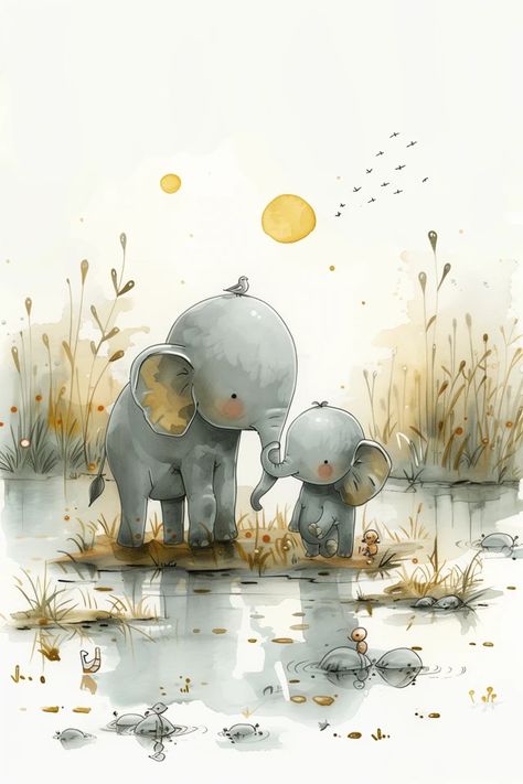 Baby Standing, Mother Elephant, Mother And Baby Elephant, Flying In The Sky, Soft Watercolor, Small Elephant, Big Ears, A Pond, Bird Perch