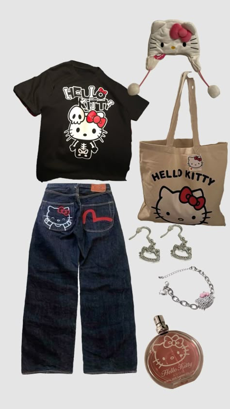 Grunge Outfits Hello Kitty, Matching Hello Kitty Outfits, Hello Kitty Outfit Ideas, Hello Kitty Fit, Street Style Outfits Casual, Silly Clothes, Matching Outfits Best Friend, Clothing Y2k, Kitty Clothes