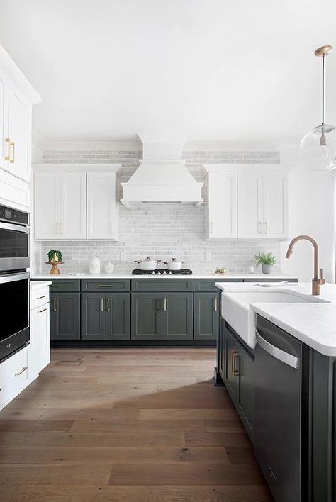 Gray Subway Backsplash, White Range Hood, Gray Subway Tile Backsplash, Subway Backsplash, White Range, Above Kitchen Cabinets, Black Kitchen Island, Metallic Backsplash, Gray And White Kitchen