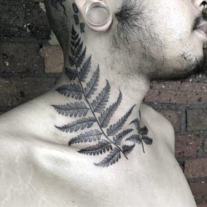 Plant Tattoos, Tattoo Neck, Fern Tattoo, Throat Tattoo, Nature Leaves, Plant Tattoo, Fern Leaves, Elephant Tattoo, Book Tattoo