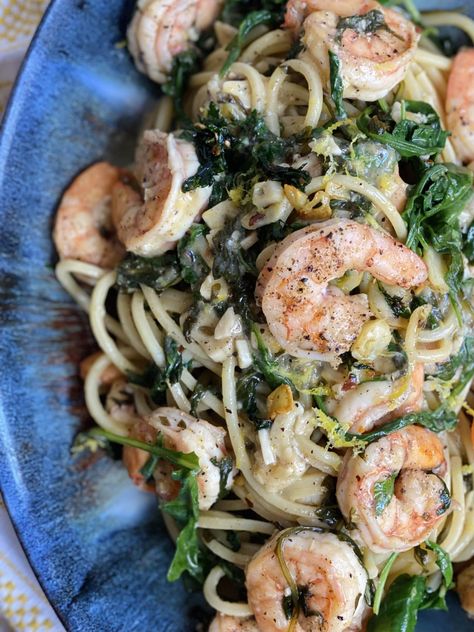 Shrimp Scampi Pasta with Arugula Shrimp Arugula Pasta, Shrimp Arugula, Shrimp Oreganata, Red Pepper Alfredo, Pasta With Arugula, Roasted Red Pepper Alfredo, Pasta Press, Arugula Pasta, Shrimp Scampi Pasta