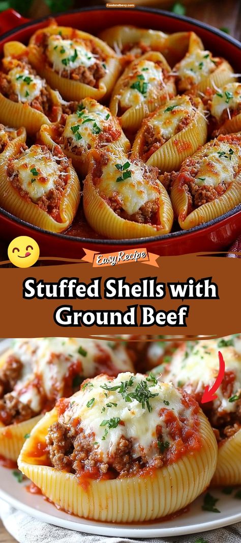 Delight in the hearty flavors of the Best Stuffed Shells with Ground Beef. Jumbo pasta shells are filled with a savory mix of ground beef, ricotta, and herbs, then smothered in marinara sauce and baked with mozzarella cheese. It’s a filling meal that’s great for family dinners or entertaining guests. #StuffedShells #PastaDinner #ItalianCuisine Pasta Recipes Stuffed Shells, Stuffed Cheesy Shells, Big Shell Noodle Recipes, Ricotta And Ground Beef Recipes, Recipes With Large Shell Pasta, Beef Stuffed Shells Ricotta, Taco Stuffed Pasta Shells Recipe, Large Shell Pasta Recipes Ground Beef, Beef And Shells Pasta