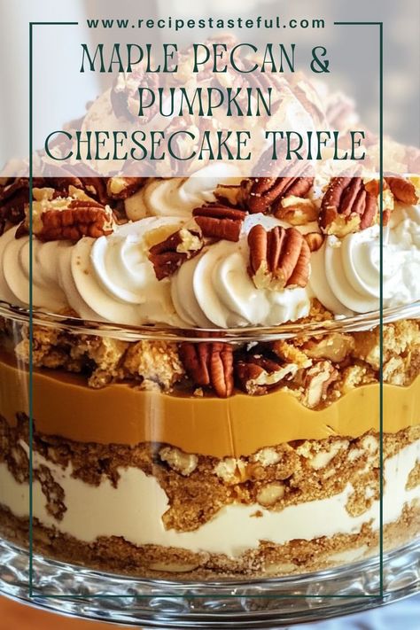 This festive dessert combines the warm flavors of pumpkin spice and rich maple pecan cheesecake for a delicious, layered trifle perfect for the holidays! Holiday Trifle Desserts, Pecan Pumpkin Cheesecake, Pumpkin Cheesecake Trifle, Festive Thanksgiving Desserts, Christmas Trifles, Christmas Trifle Recipes, I Love October, Pumpkin Trifle, Football Thanksgiving