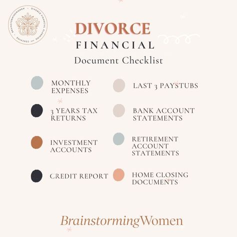 BrainstormingWomen's Checklist Divorce Preparation For Women, Divorce Planner, Divorce Checklist For Women, Divorce Checklist, Divorce Finances, Preparing For Divorce, Law Firm Office, Financial Checklist, Reinventing Myself