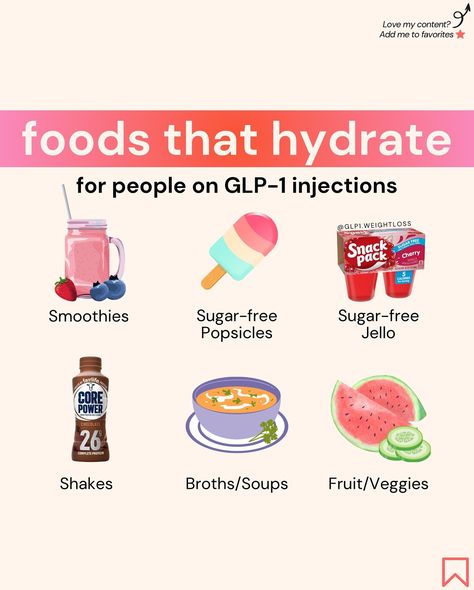 “Only water hydrates” - NOT true! 👇 Any fluid provides hydration. Even some foods can provide hydration! 💦 Here are some foods that will help you stay hydrated this summer, and double as a delightful snack. Which of these are you going to enjoy on your GLP-1 journey? Save this for later! 📌 . . . #weightlosshelp #glp1weightloss #weightlossdiet #weightlossdietitian #fatlossjourney #weightjourney #obesity #menopauseweightloss #diabetesweightloss #postpartumweightloss #pcosweightlossjourn... Foods To Eat On Glp1, Glp1 Snacks, Glp-1 Meals, Ozempic Recipes, Semaglutide Meals, Fruit Protein Shakes, Ozempic Diet, Sugar Free Popsicles, Healthy Food Alternatives