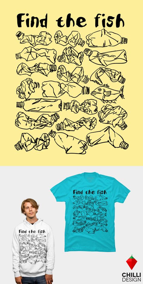 Trendy environmental t-shirt design with slogan “Find the fish” and save the ocean from plastic pollution. Eco t-shirt. Tshirt design. Environmental engagement and awareness. Save the ocean. Wildlife ecosystem marine conservation. Save turtles. Climate change. Garbage plastic problem. #tshirt #tshirtdesign #environment #plasticpollution #plastic #marinelife #saveanimals #saveocean #sealife #nomoreplastic #ecology Ocean Wildlife, Plastic Problems, Save The Ocean, Bag Quotes, Slogan Design, Marine Conservation, Pong Table, Shirt Illustration, Save Animals