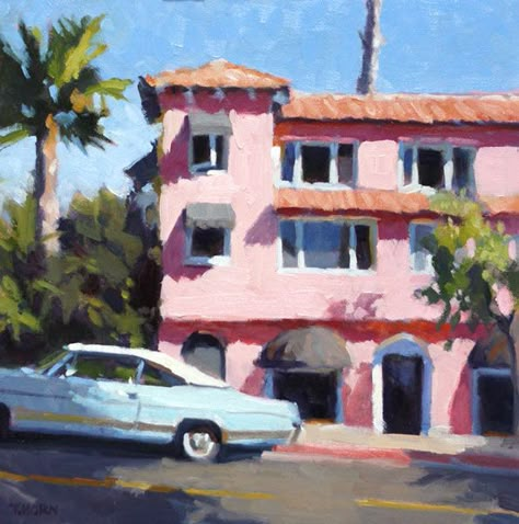 Pink Hotel by Timothy Horn Timothy Horn, Hotel Painting, Hotel Drawing, Pink Hotel, Shopping District, Urban Painting, Street Shopping, Gouache Art, Arte Sketchbook