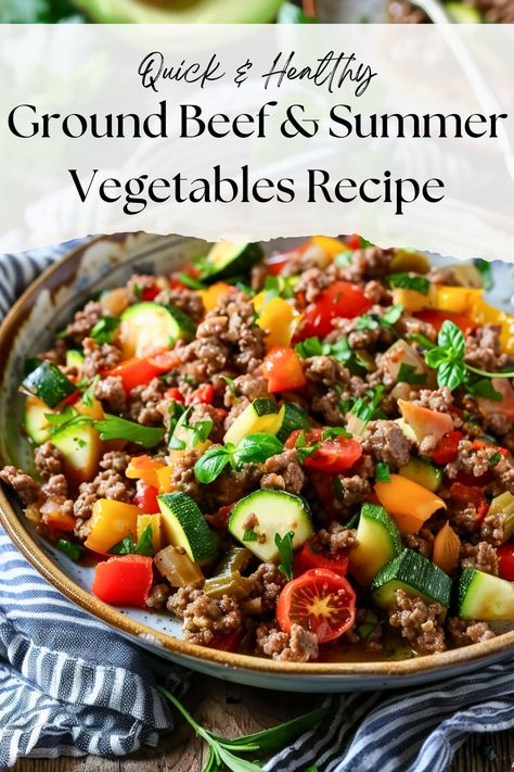 Discover a quick and healthy dinner solution with this ground beef with veggies recipe! This easy-to-make dish combines lean ground beef with vibrant summer vegetables like bell peppers, zucchini, and tomatoes. Perfect for busy weeknights, this meat with vegetables recipe is not only nutritious but also bursting with flavor. Ready in under 30 minutes, it’s an ideal recipe with ground beef and vegetables that you can serve over quinoa, rice, or enjoy on its own for a low-carb option. Healthy Dinner Ground Beef, Healthy Dinner With Ground Beef, Beef Tomato Recipe, Healthy Hamburger Meat Recipes, Lean Ground Beef Recipe, Mediterranean Diet Recipes Breakfast, Summer Vegetable Recipes, Zucchini Dinner Recipes, Zucchini And Tomatoes