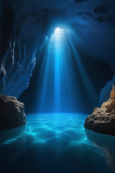 Mystical Blue Grotto of Capri in 8K resolution 3D render. Sunlit waters, intricate cave details, and serene beauty. Under The Sea Landscape, Blue Cave, Beams Of Light, Blue Grotto, Beautiful Underwater, Underwater Caves, Water Images, Water Effect, Deep Ocean