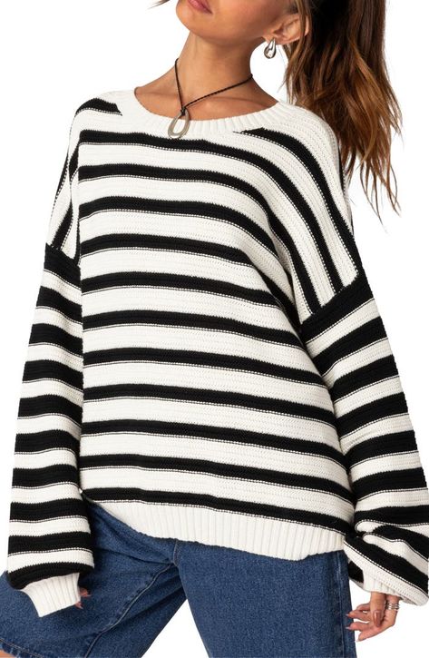 EDIKTED Oversize Stripe Cotton Sweater | Nordstrom Sweater Oversized, Sweater Oversize, Saint John, Plus Size Jumpsuit, Plus Size Sweaters, Striped Sweater, Oversized Sweater, Shoulder Sweater, White Sweaters