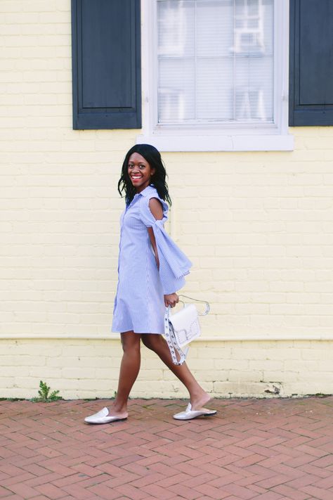 Cold Shoulder Striped Dress + Silver Mules Silver Mules Outfit, Silver Mules, Espadrilles Outfit, Easy Fits, Mules Outfit, Silver Shoe, Shoe Trend, Tie Sleeve Dress, Dc Fashion