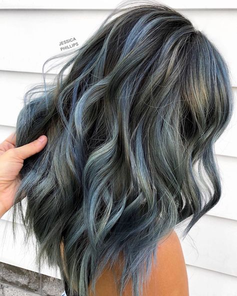 Denim Blue Highlights In Brown Hair, Navy Blue Hair On Brown Hair, Blue Denim Hair Color, Blue Gray Highlights On Dark Hair, Brown Hair With Light Blue Highlights, Denim Blue Hair Color, Ash Blue Hair Color Highlights, Light Blue Balayage, Light Blue Highlights In Brown Hair