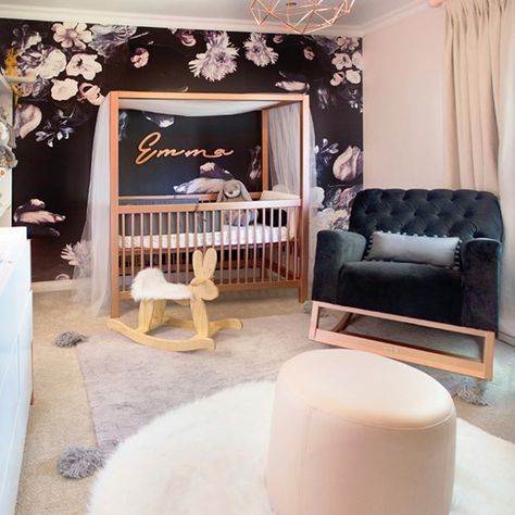 Dark floral and rose gold Black Nursery Girl, Glam Nursery Ideas, Black Crib Nursery Girl, Pink And Black Nursery, Black And Gold Nursery, Black And Pink Nursery, Dark Baby Room, Rose Nursery Theme, Dark Baby Nursery