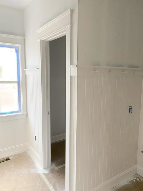 White Beadboard Bedroom, Beadboard Bathroom With Wallpaper, Beadboard Walls Bathroom, Beadboard Bathtub Surround, Beadboard In Bathroom, Beadboard Bathroom Walls Floor To Ceiling, Tall Beadboard Bathroom, Horizontal Beadboard Walls, Green Beadboard Bathroom