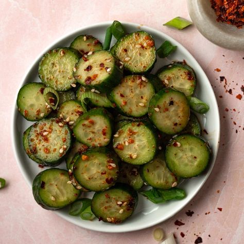 Spicy Asian Cucumber Salad For One Cucumber With Chili Oil, Chili Oil Cucumber Salad, Korean Spicy Cucumber Salad, Spicy Cucumbers, Spicy Asian Cucumbers, Spicy Asian Cucumber Salad, Salad For One, Smashed Cucumber Salad, Korean Chili Flakes