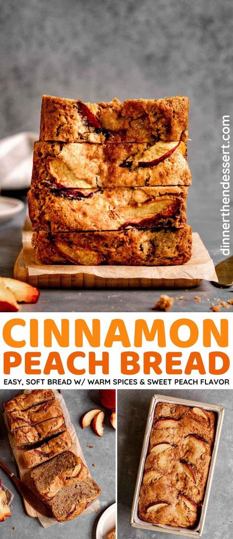 Cinnamon Peach Bread may sound like a strange combination at first, but the warm spice brings out the sweet peach flavor perfectly in this delicious bread. Peach Loaf Bread, Peach Loaf Recipes, Healthy Peach Bread, Vegan Peach Bread, Fresh Peach Bread Recipe, Banana Peach Bread Recipe, Unique Peach Recipes, Cinnamon Peach Bread, Peach Quick Bread Recipe