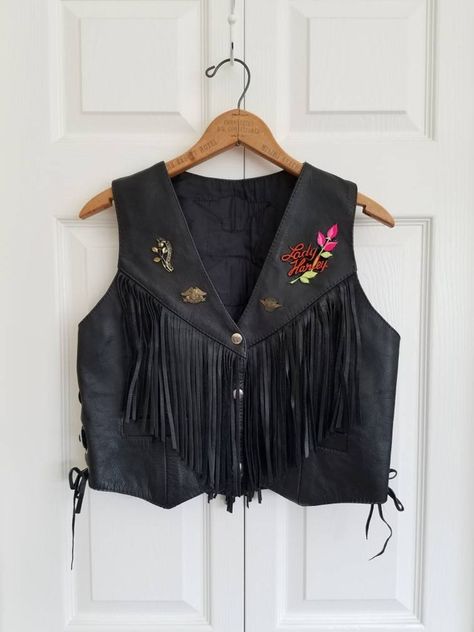 Fringed Vest Outfit, Leather Vest Outfit, Leather Fringe Vest, Patches And Pins, Studded Denim Jacket, Cowgirl Costume, Fringe Vest, Hippie Costume, Tampa Fl