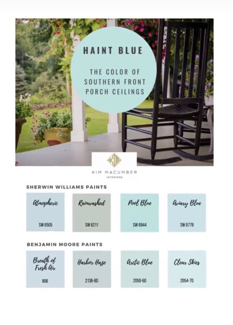 Haint Blue Ceiling Porch, Haint Blue Benjamin Moore, Southern Blue Porch Ceiling, Blue Front Porch Ceiling, Haunt Blue Paint, Haint Blue Porch Ceiling Southern Style, Best Haint Blue Porch Ceiling, Front Porch Ceiling Ideas Paint Colors, Porch Ceiling Blue Paint Colors