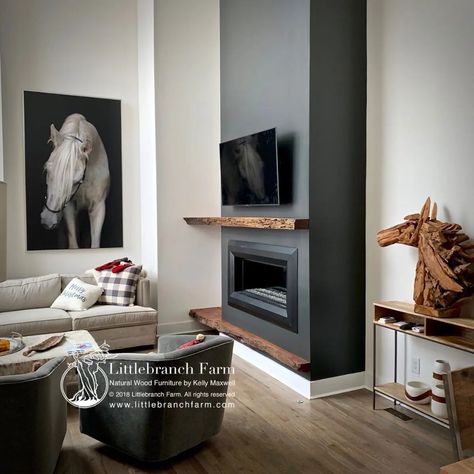 Rustic Fireplace Mantels | Fireplace mantel | Littlebranch Farm Painting Brick Fireplace Black, Brick Fireplace Black, Black Fireplace Decor, Rustic Modern Fireplace, Painting Brick Fireplace, Modern Fireplace Mantel, Black Mantle Fireplace, Fireplace Painting, Modern Fireplace Mantels