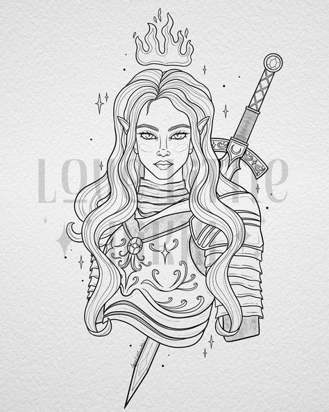 “In a land long since burned to ash, there lived a young princess…” 🔥 Aelin Galathynius for the lovely Chance! I absolutely loved doing this one, I’m getting so much more comfortable drawing human faces 🗡️✨ #aelingalathynius #throneofglass #tattoodesign Throne Of Glass Drawings, Aelin's Tattoos, Aelin Galathynius Tattoo Ideas, Aelin Galathynius Back Tattoo, Aelin Galathynius Drawing, Tog Tattoo Ideas Aelin, Rowan Tattooing Aelin, Aelin Tattoo, Aelin Galathynius Fanart