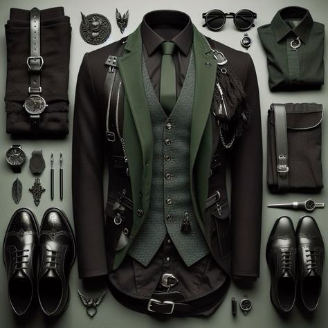 Mafia Fashion Men, Corporate Goth Outfits Men, Slytherin Suit, Man In Suit Art, Mens Suits Style, Mens Outfits Dressy, Green Suit Jacket, Suit Styles, Mens Business Casual Outfits