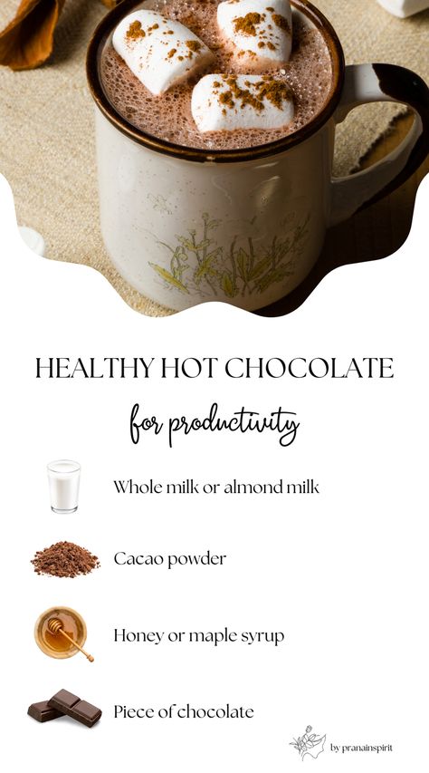 Try this delicious, simple, healthy hot chocolate recipe to boost productivity and energy.

#hotchocolate #autumnrecipes #autumndrinks #pumpkinspice #cozydrinks #healthydrinks #prodictivityboost #warmdrinks #cacao Easy Healthy Hot Chocolate, Light Hot Chocolate Recipe, Christmas Cocoa Recipe, Carob Hot Chocolate, High Protein Hot Chocolate, Healthier Hot Chocolate, Hot Chocolate Recipes Healthy, Healthy Hot Chocolate Mix Recipe, European Hot Chocolate