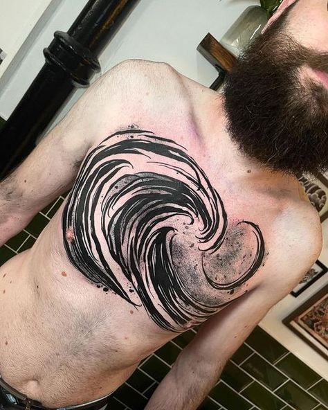 ＨＡＮＤ ＯＦ ＨＯＰＥ on Instagram: "First tattoo, for Ben. Well sat my man. By @garydoestattoos @handofhopetattoo @merkamachines #handofhopetattoo #blackworktattoo #calligraphy #calligraphytattoo #gothictattoo #onlythedarkest #chesttattoo #firsttattoo #wavetattoo" Wave Chest Tattoo, Calligraphy Tattoo, Gothic Tattoo, Waves Tattoo, Blackwork Tattoo, Chest Tattoo, First Tattoo, Polynesian Tattoo, Tatting