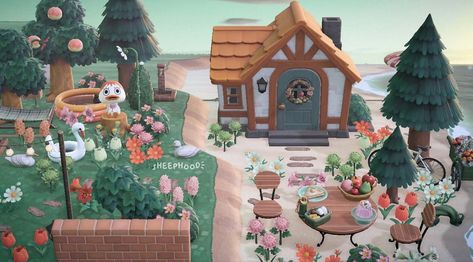 Animal Crossing Home Exterior Ideas, Cabin Ideas Exterior, Island Home Exterior, House Yard Design, Yard Design Ideas, Happy Home Paradise, Animal Crossing New Horizon, Japanese Town, Animal Crossing Funny