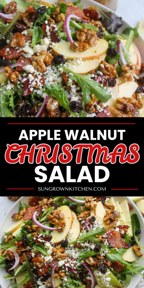 This Blue Cheese Apple Walnut Salad might just be my favorite salad ever! A Christmas Salad with apples, absolutely loaded with flavor from crispy bacon, candied walnuts, and tangy blue cheese. For the non-blue cheese fans, just sub feta! This holiday salad with apples is sure to be a hit at any party or just a weeknight! Christmas Salad With Apples, Apple And Walnut Salad, Apple Walnut Salad Recipe, Christmas Apple Salad, Christmas Salads Recipes, Blue Cheese Walnut Salad, Walnut Recipes Dinner, Salad For Christmas Dinner, Apple Blue Cheese Salad