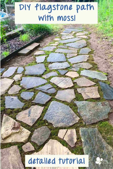 Yes, you can lay flagstones directly on dirt! Make a beautiful garden path and add moss or grass in between just by laying flagstone stepping stones into the dirt. There's definitely things you need to know, and this tutorial is filled with all the important tips and every detail. #artsyprettyplants #gardendesign #landscaping #curbappeal #yarddecor #outdoorspaces #outdoorliving Flagstone Landing, Laying Flagstone, Flagstone Pathway, Stepping Stone Walkways, Flagstone Pavers, Stone Garden Paths, Flagstone Walkway, Flagstone Path, Concrete Stepping Stones