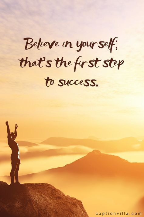 Image with a success caption for Instagram - 'Believe in yourself: that's the first step to success.' #SuccessCaptions #InstagramCaption Motivational Quotes For Instagram Post, Success Stories Design, Failure To Success Motivation, Short Impactful Quotes, Success Captions, Captions For Men, One Lines Quotes Deep, Success Quotes Short, Good Thoughts In English