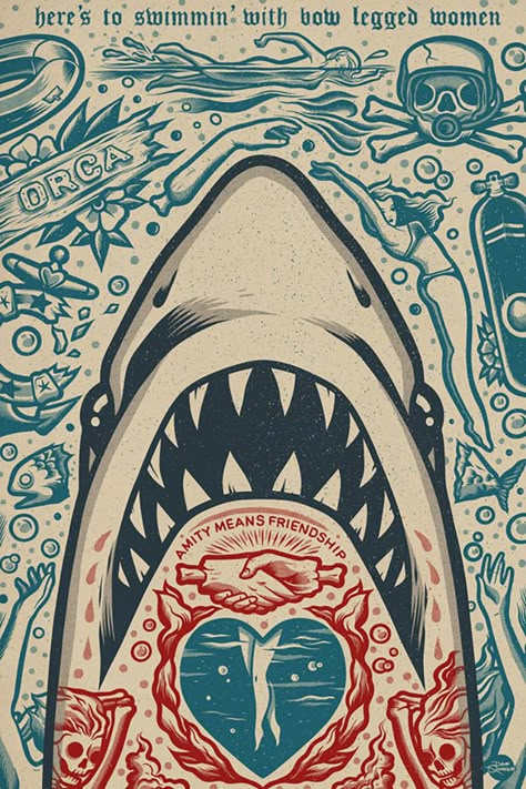 Jaws (1975) Dave Quiggle, Shark Illustration, Alternative Movie Posters, Art And Illustration, Cafe Bar, Movie Art, Horror Art, Bar Decor, Movie Poster