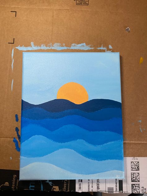 Cute Mini Canvas Paintings Easy Sunset, Siloette Ideas Painting Easy, Ocean Wave Acrylic Painting, Ocean Simple Painting, Summer Paintings Simple, Ocean Canvas Painting Ideas, Easy Blue Paintings Simple, 5 Minute Painting Ideas, Wave Painting Simple