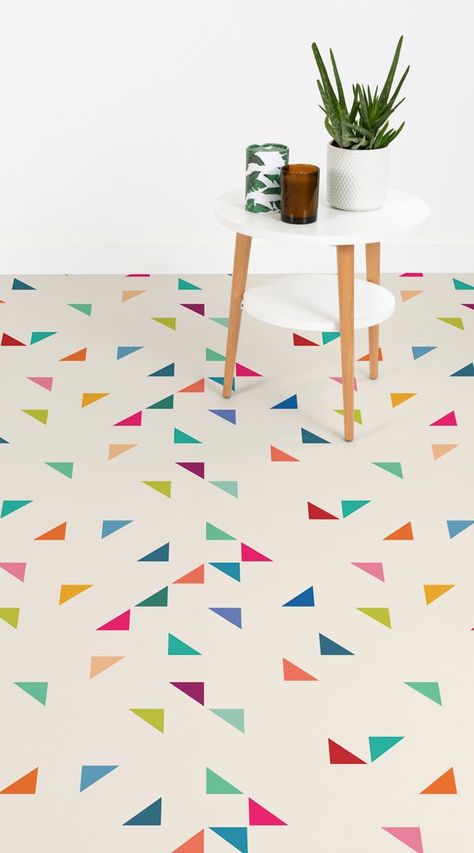 Our vibrant Triangle Pattern Flooring, Juke Box II, is a brilliantly bright geometric design that incorporates multicolour tiny triangles and a minimalist neutral background into one eye-catching, fun flooring concept. Paired with the right accessories and furniture, this floor can look super stylish and modern, with little effort and cost.#vinyl#flooring #inspiration #design #decor Fun Flooring, Armstrong Vinyl Flooring, Pattern Vinyl Flooring, Flooring On Walls, Antique Ceiling Tile, Accent Wall Entryway, Pattern Flooring, Nursery Accent Wall, Floor Painting