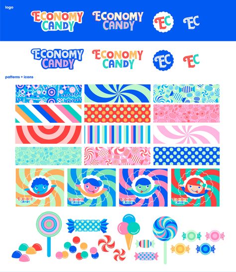 Economy Candy - Branding on Behance Olipop Branding, Candy Shop Branding, Candy Design Packaging, Candy Graphic Design, Candy Packaging Design, Candy Branding, Candy Illustration, Juice Shop, Brand Guidelines Design