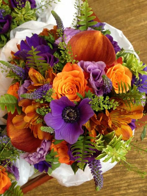 Groom Suit Purple, Suit Purple Tie, Headstone Arrangements, Bridesmaid Dresses Orange, Purple Wedding Colors, Purple Lisianthus, Orange Wedding Colors, Roses Purple, Dresses Orange