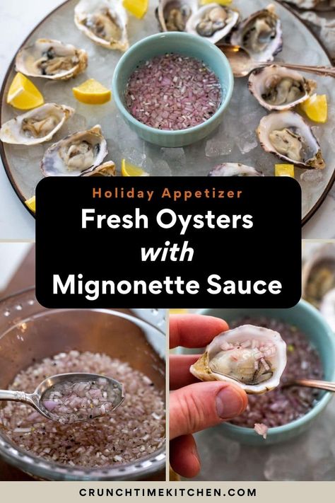 Mignonette Sauce makes a wonderful and simple topping for raw oysters! This tangy sauce bursting with shallots is a perfect match for fresh shucked oysters! crunchtimekitchen.com #mignonette #oysters #holidays #appetizers Oyster Minionette Sauce Recipes, Mignonette Recipe, Holidays Appetizers, Mignonette Sauce, Raw Oysters, Oyster Recipes, Fresh Oysters, Stale Bread, Tomato And Cheese