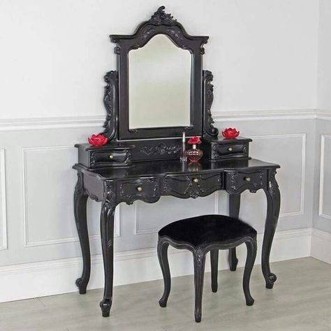 Black and Red Gothic Victorian Bedroom, Shabby Chic Dressing Table, Black Dressing Tables, Shabby French Chic, Foyer Furniture, Small Dressing Table, Victorian Bedroom, Gothic Furniture, Hill Interiors