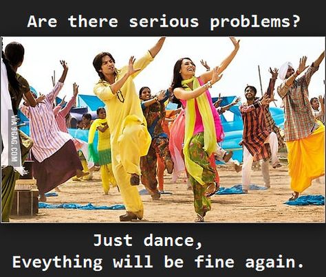 Bollywood logic. - 9GAG Bhangra Dance, Rani Mukherjee, Belly Dancing Classes, Indian Jokes, Bollywood Memes, Desi Jokes, Rani Mukerji, Desi Humor, Desi Memes