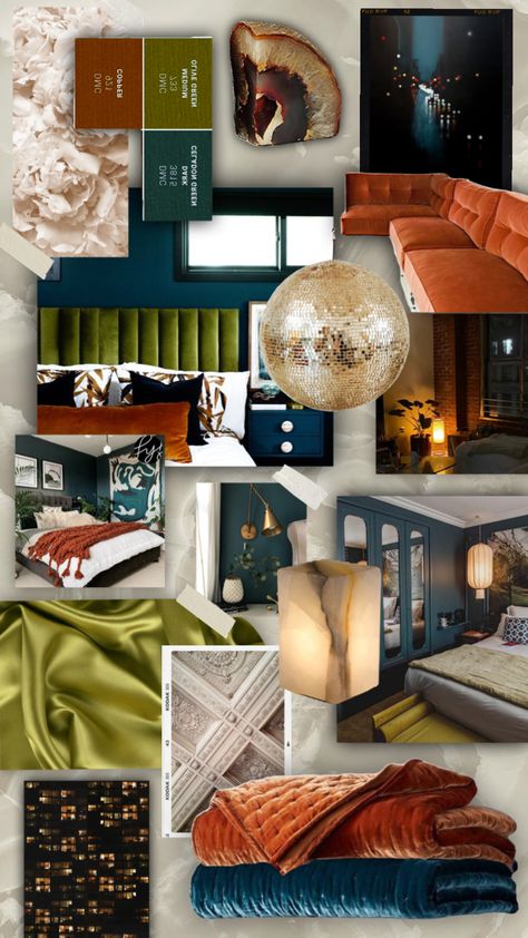 Navy Bohemian Bedroom, Navy Black And Rust Bedroom, Burnt Orange Green And White Bedroom, Navy And Cognac Bedroom, Forest Green And Blue Bedroom, Navy Green Interior Design, Black Green Burnt Orange Bedroom, Emerald And Orange Bedroom, Emerald And Copper Bedroom