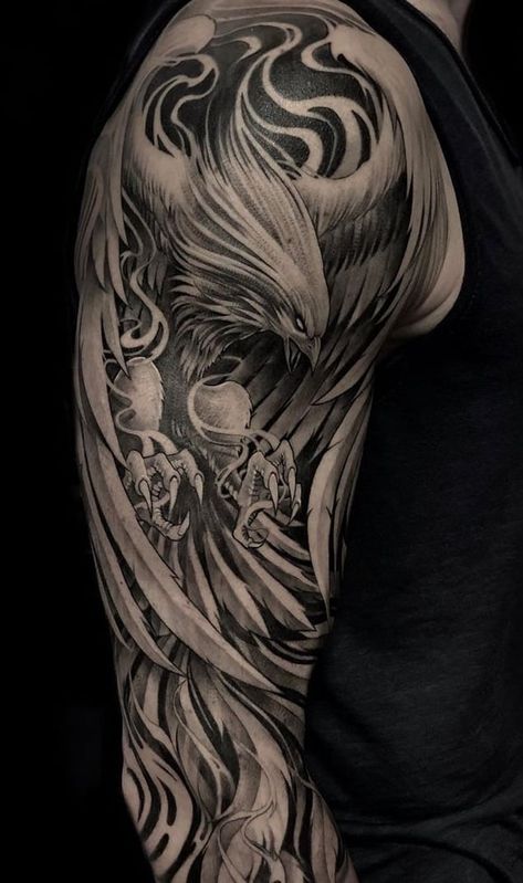 Phoenix Tattoos: Main Themes, Tattoo Styles & Ideas Phoenix Sleeve Tattoo, Tattoo Chest And Shoulder, Phoenix Tattoo Arm, The Phoenix Tattoo, Phoenix Tattoo Men, Phoenix Tattoo Sleeve, Shen Long Tattoo, Japanese Phoenix Tattoo, Phoenix Tattoo For Men