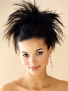 Goth Updo Hairstyles Long Hair, Spiky Updo, Soft Hairstyles, Spiky Bun, Twst Oc, Phantom Tollbooth, Half Bun Hairstyles, Tango Dresses, 90s Hair