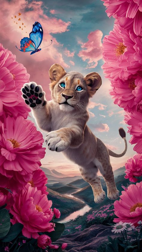 A stunning, whimsical scene of a playful  baby lion leaping gracefully among towering, vibrant pink flowers. Cute Lion Wallpaper, Lion And Lioness Wallpaper Iphone, Cute Lioness Wallpaper, Lions Wallpaper Backgrounds, Pink Lion Wallpaper, Lion With Flowers, Pink Lion, Lion Phone Wallpaper, Diamond Wallpaper Iphone