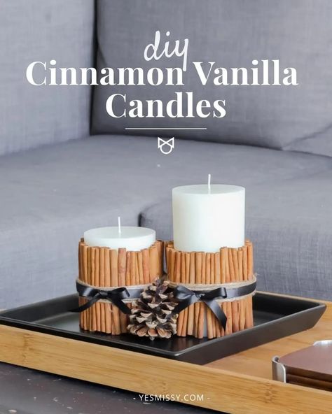 Upgrade your candles with this fun and easy DIY. Get the full tutorial to make your own DIY cinnamon vanilla candles at yesmissy.com Wax Melts Diy, Diy Cinnamon Candle, Cozy Home Ideas, Vanilla Candles, Cinnamon Stick Candle, Stick Candles, Diy Cinnamon, Candle Tutorial, Cozy Up Your Home