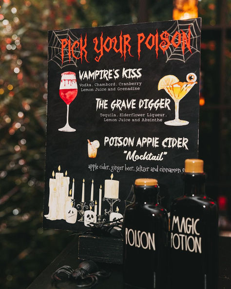 Halloween Bar Menu Halloween Bar Party Ideas, Halloween Drink Menu Ideas, Halloween Bar Decoration Ideas, Halloween Bar Menu Ideas, Halloween Drink Station Ideas, Pub Halloween Decorations, Bar Halloween Decorations, Pick Your Poison Bar, Potion Bar Halloween