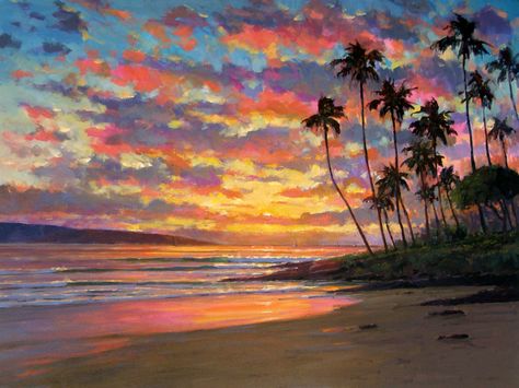 Lahaina Galleries Hawaii Landscape Painting, Enchanted Prom, Hawaii Beach Sunset, Master Oil Painting, Hawaii Painting, Seaside Landscape, Horizontal Painting, Beach Oil Painting, Hawaii Art