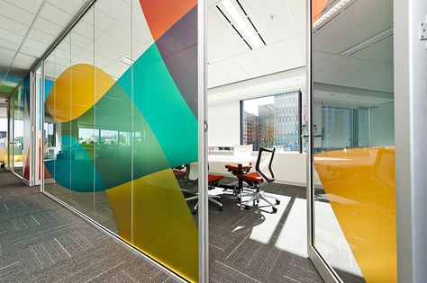 Glass Wall Design, Office Wall Graphics, Office Graphics, Creative Office Space, Office Window, Window Graphics, Environmental Graphic Design, Corporate Interiors, Glass Walls