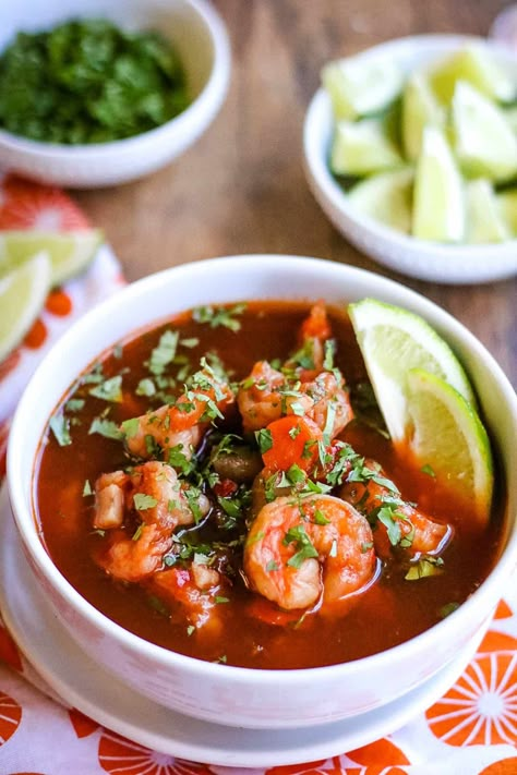 Sopa de Camarones is a Mexican shrimp soup that is light, with earthy flavor and rich red color from dried guajillo chiles. It's a perfect choice when you want those delicious Mexican flavors but you're in the mood for something lighter than your usual tacos or enchiladas. Mexican Shrimp Soup, Mexican Seafood Soup, Shrimp Soup Recipes, Enchilada Sauce Easy, Seafood Soup Recipes, Mexican Seafood, Mexican Shrimp, Mexican Flavors, Frijoles Refritos