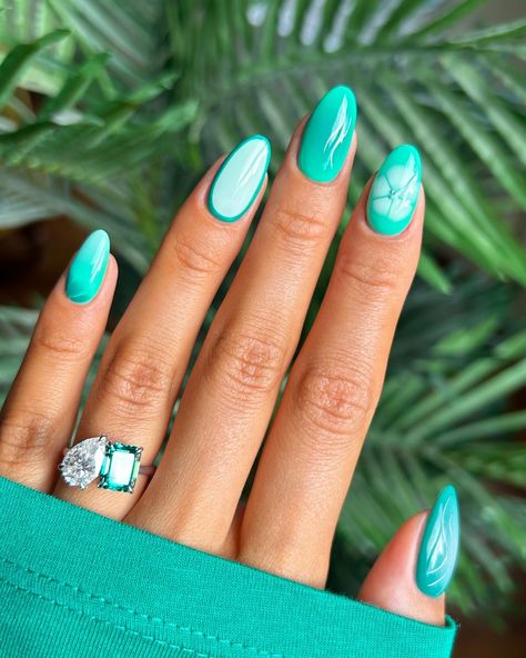 a green mix and match with subtle silver accents 🐢🌿✨ accompanied by this stunning ring ‘set toi et moi’ from @causyou and you can use code MarnieCY for 20% off 💞 #nails #nailinspo #nailart #naildesign #summernails #mixandmatchnails #greennails Green Turquoise Nails, Turquoise And Silver Nails, Almond Gel Nails, Silver Nail Designs, Colourful Nails, Girly Acrylic, Green Nail Art, Turquoise Nails, Nail Looks